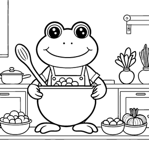 Fröhlicher Kawaii-Frosch mit Kochlöffel Ausmalbild für mutige Küchenhelfer