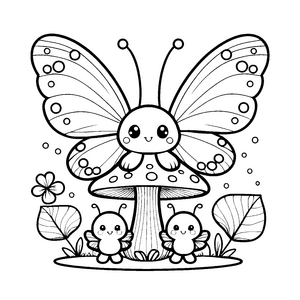 Lieblicher Kawaii-Schmetterling auf Pilz Ausmalbild für malfreudige Waldkinder
