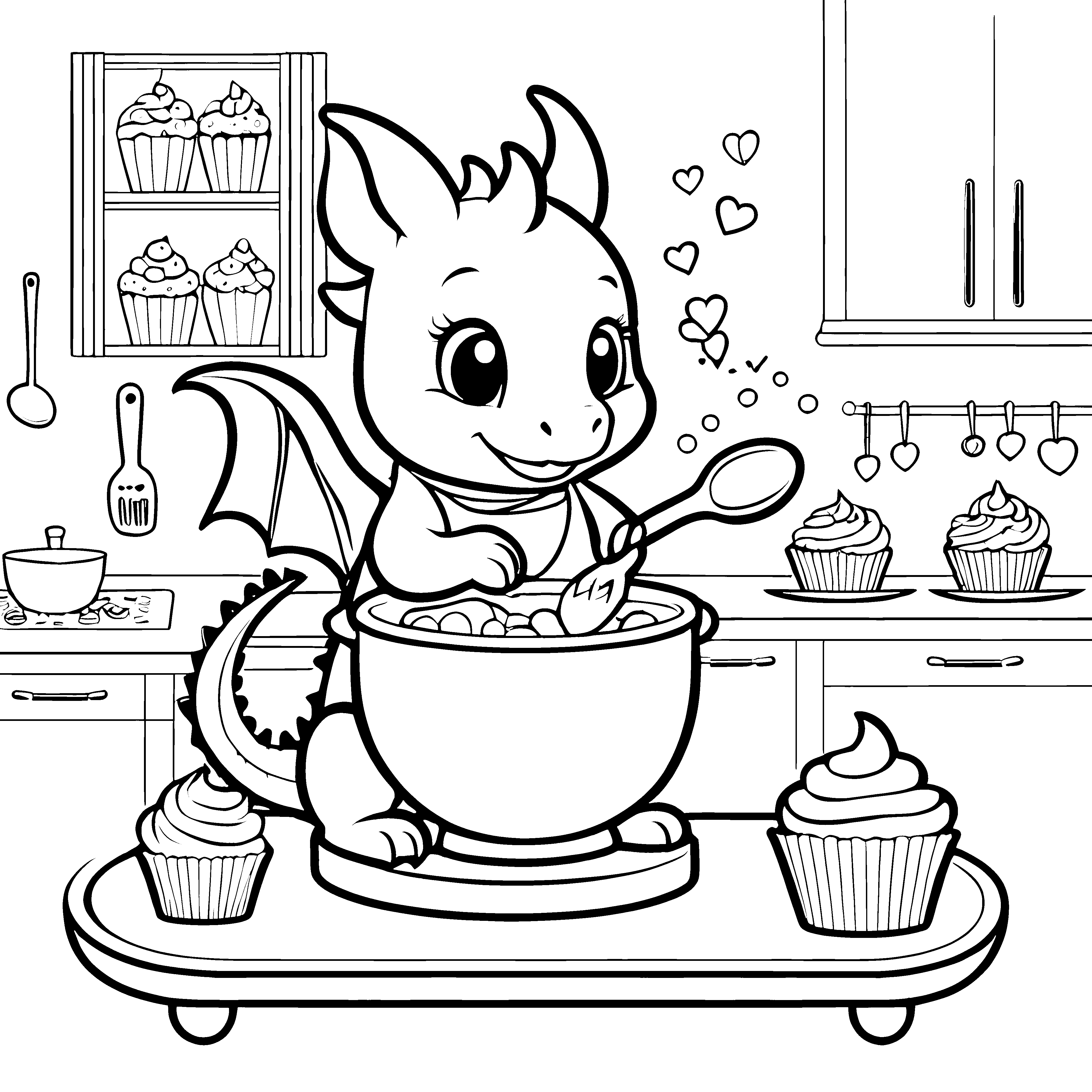 Herzlicher Kawaii-Drache beim Backen Bastelvorlage für kleine Küchenfreunde