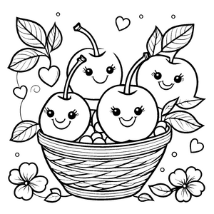 Heiteres Kawaii-Kirschenkörbchen-Ausmalbild für fröhliche Obstliebhaber