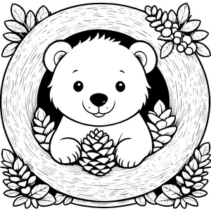 Niedlicher Kawaii Eisbär mit Kiefernzapfen Ausmalvorlage für Waldfreunde
