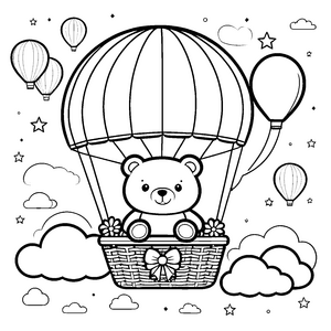 Ruhiger Kawaii Teddybär im Blumenkorb Malbild für kleine Himmelsflieger