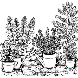 Bunte Kräuterpflanzen mit Gießkanne Bastelvorlage für verträumte Gartenhelfer