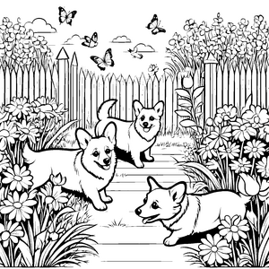 Fröhliche Corgis im Blumenbeet Bastelvorlage für Schmetterlingsfans