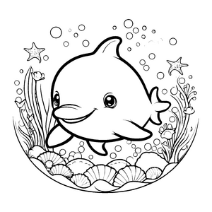Heiteres Kawaii-Delfin mit Seesternen Malbild für verträumte Meeresbewohner