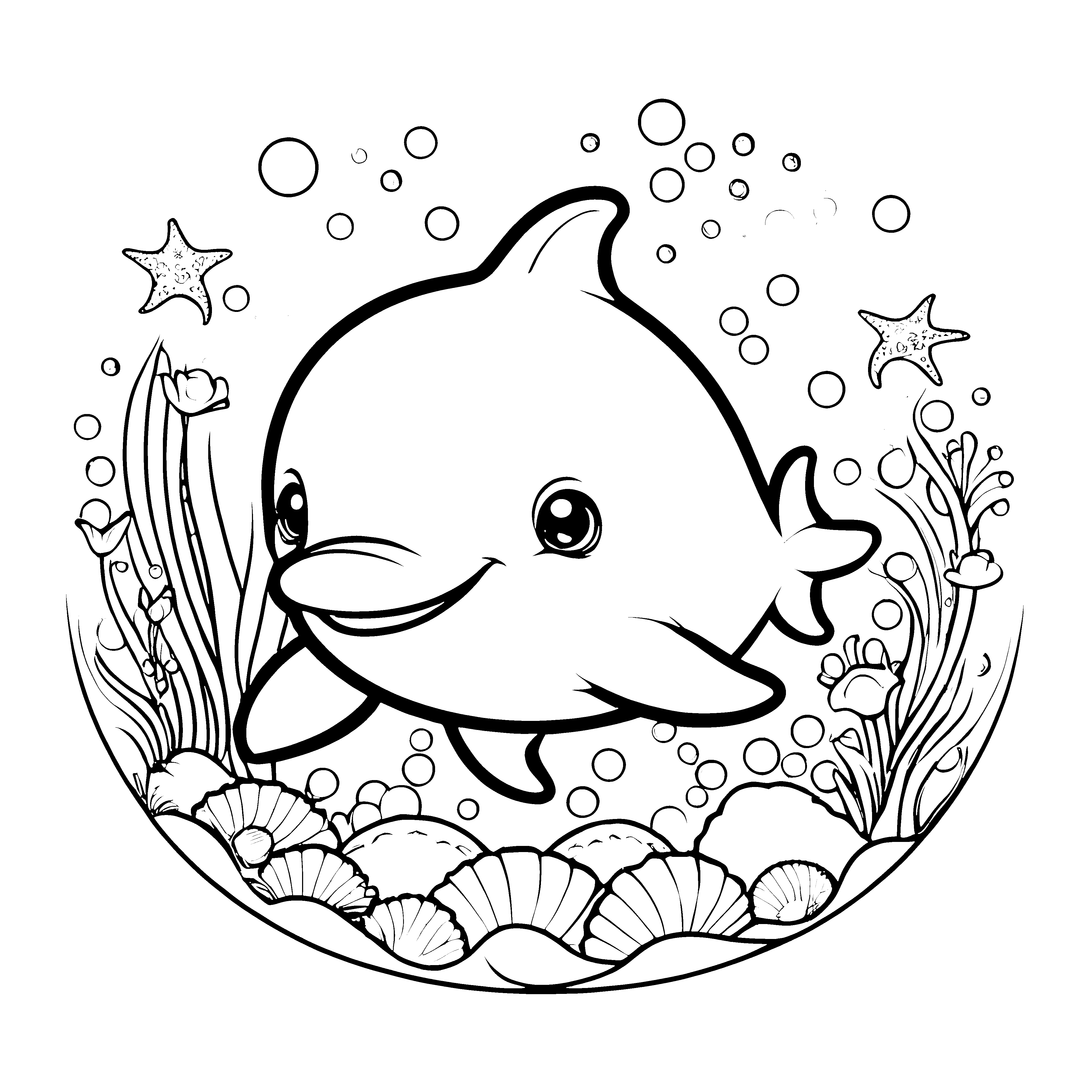 Heiteres Kawaii-Delfin mit Seesternen Malbild für verträumte Meeresbewohner