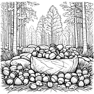 Vielzahl von Eicheln im Wald Ausmalbild für junge Waldfinder