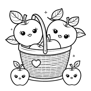 Liebevolle Kawaii-Äpfel im Herzkorb Bastelvorlage für kleine Obstfreunde