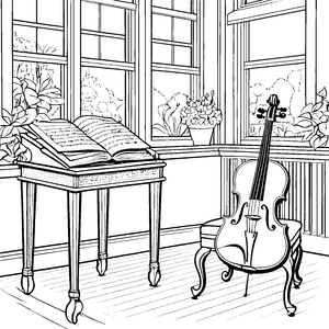 Idyllische Geige mit Notenbuch Malvorlage für malfreudige Musikbegeisterte