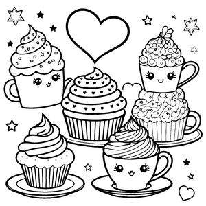 Süße Kawaii-Herzen mit Cupcakes Malbild für fröhliche Naschfreunde