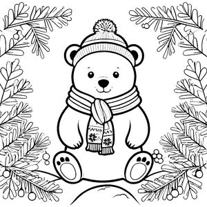 Kuscheliger Bär mit Strickschal Ausmalbild für Winterträumer