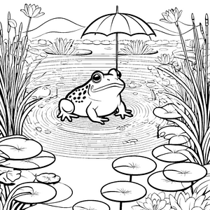 Süßer Kawaii-Frosch mit Regenschirm Malbild für junge Wasserfreunde
