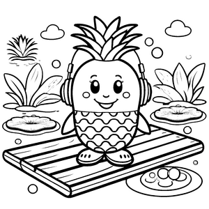 Fröhliche Kawaii Ananas mit Kopfhörern Bastelmotiv für kreative Wasserforscher