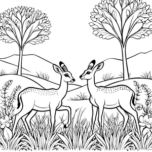 Verspielte Gazellenjungtiere in Blumenwiesen Ausmalbild für kleine Wildnisfreunde