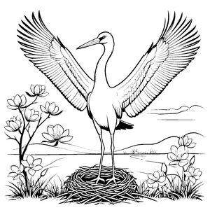 stolzer Storch im Nest mit Seerosen Ausmalvorlage für mutige Wasserforscher
