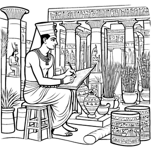 Mystischer Schreiber mit Papyrus Ausmalvorlage für verträumte Schriftkundige