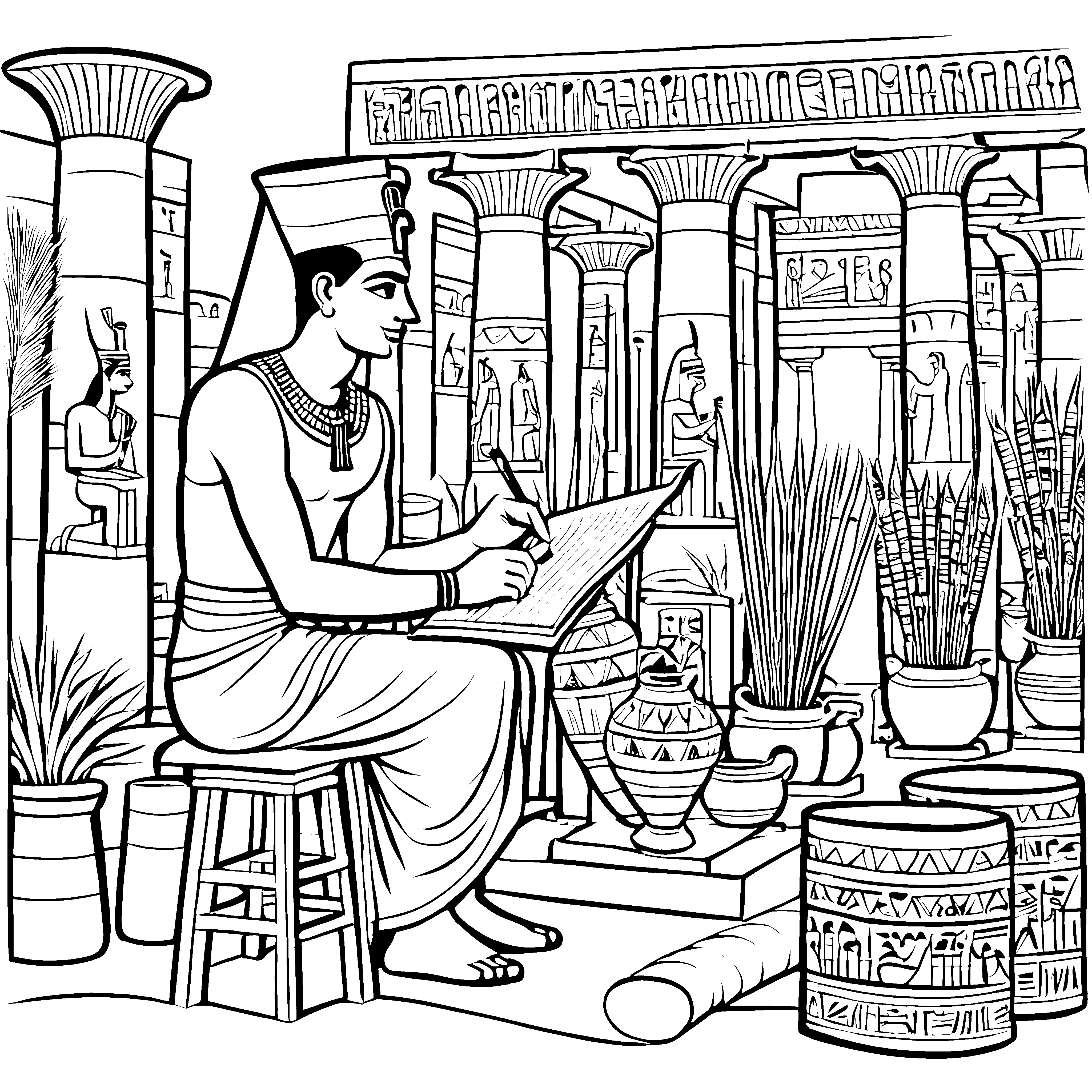 Mystischer Schreiber mit Papyrus Ausmalvorlage für verträumte Schriftkundige