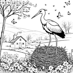 Prachtvoller Storch im Nest Ausmalbild für verträumte Landfreunde