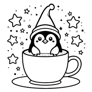 Festlicher Kawaii-Pinguin in Tasse Ausmalbild für fröhliche Sternenjäger