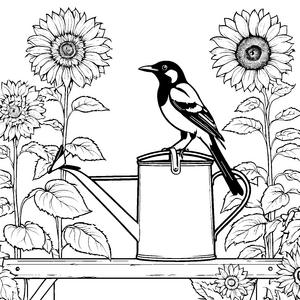 Verspielte Elster auf Gießkanne Malvorlage für Blumenkinder