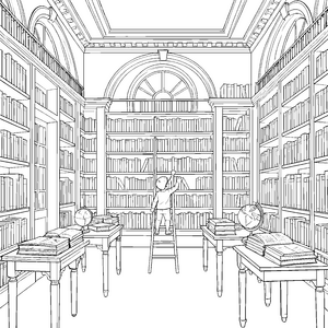 Riesige Bibliothek mit Leiter und Globen Malvorlage für neugierige Buchwürmer
