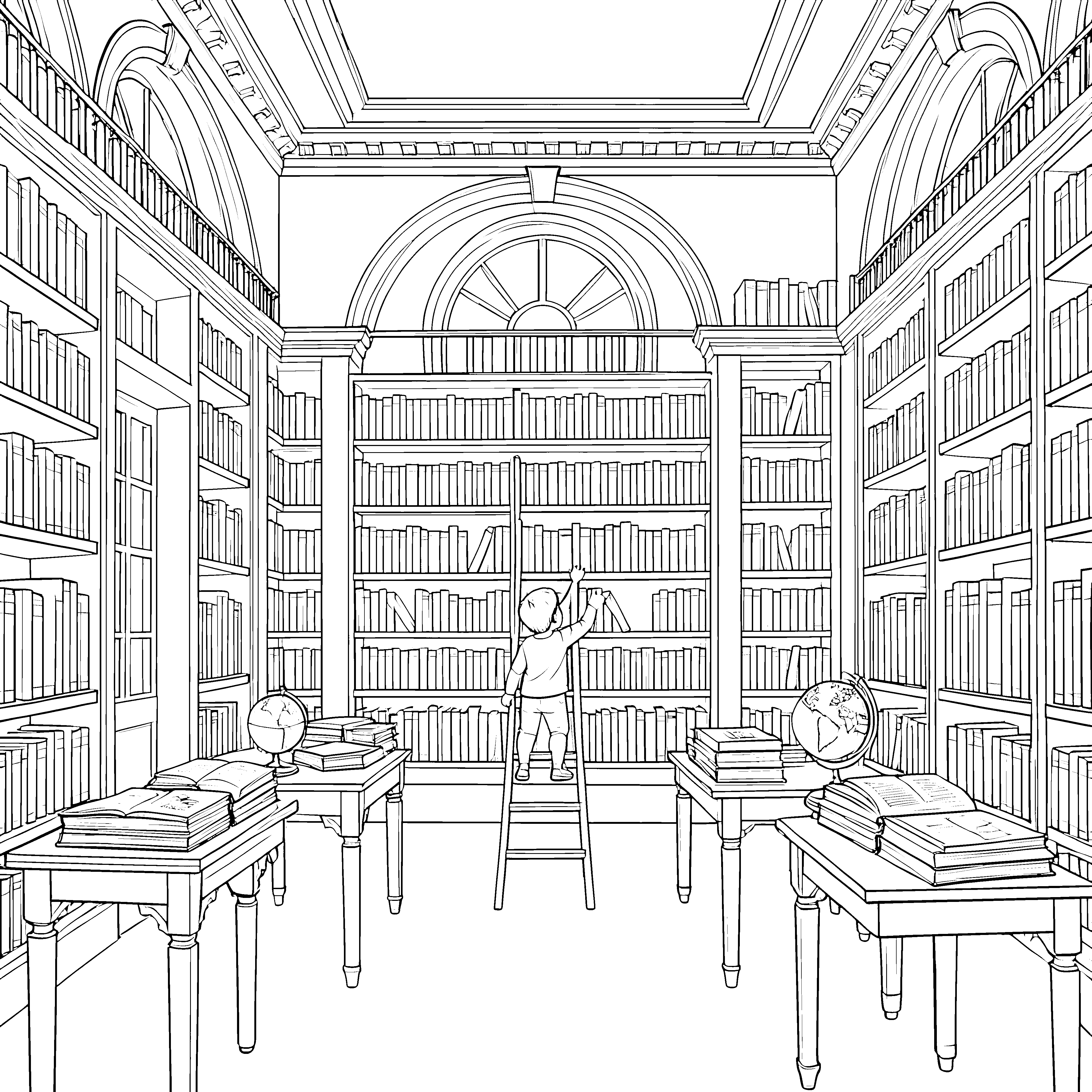 Riesige Bibliothek mit Leiter und Globen Malvorlage für neugierige Buchwürmer
