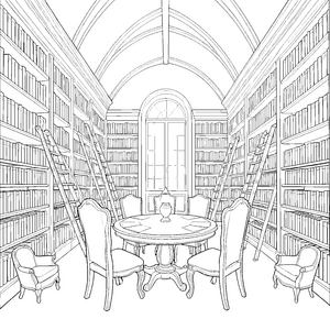 Mystische Bibliothek mit Leitern Malbild für kleine Bibliofile