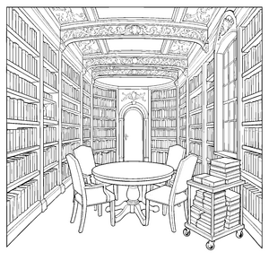 Spektakuläre Bibliothek mit Rundtisch Ausmalvorlage für kleine Lesespezialisten