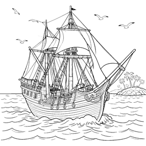 Abenteuerliches Piratenschiff mit Segeln Ausmalbild für kleine Ozeanfreunde