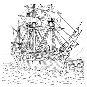 Stürmisches Piratenschiff mit Fässern Malbild für kleine Schatzsucher