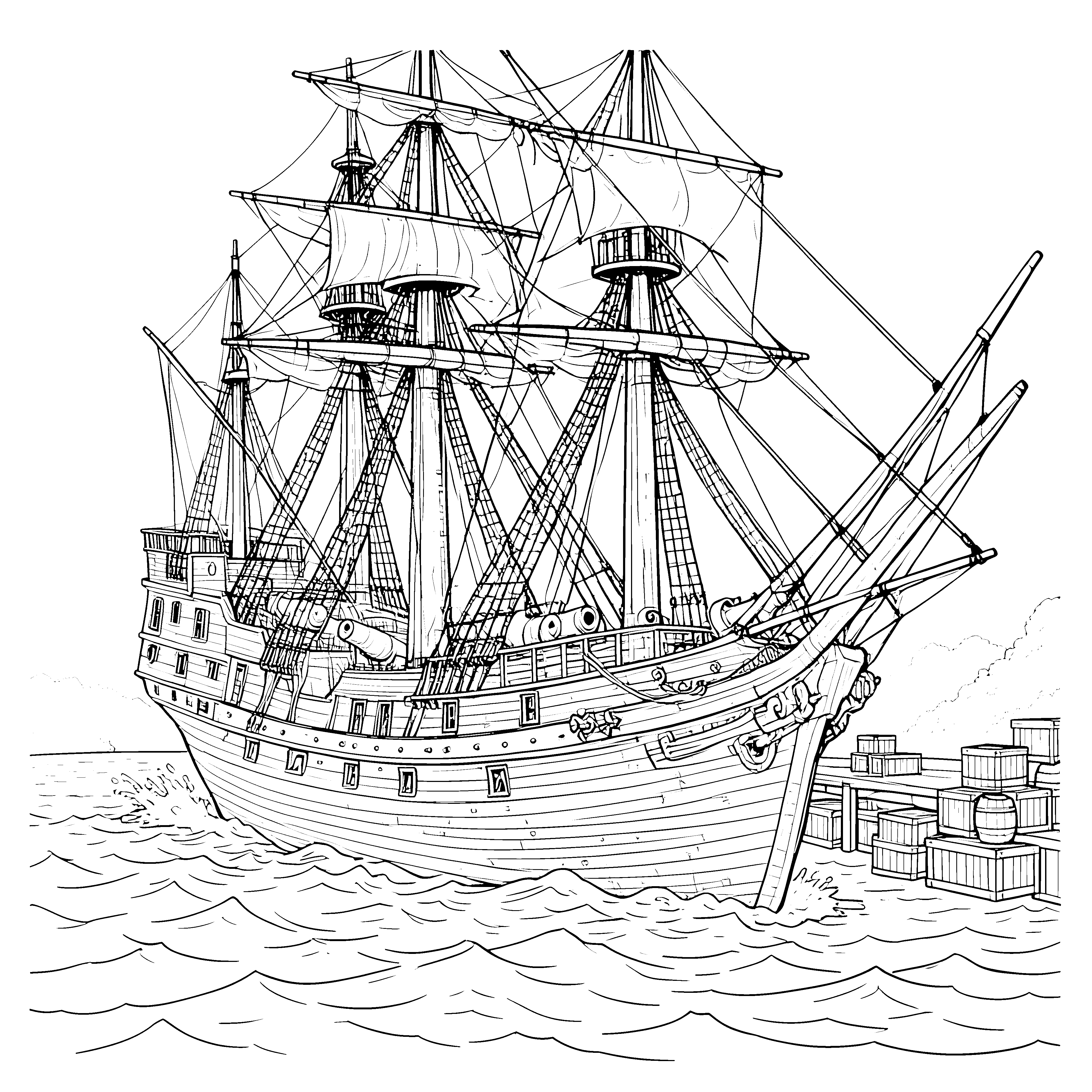 Stürmisches Piratenschiff mit Fässern Malbild für kleine Schatzsucher