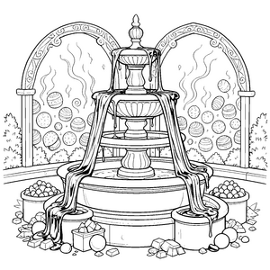 Prachtvoller Schokoladenbrunnen mit Pralinen-Ausmalbild für junge Naschprofis