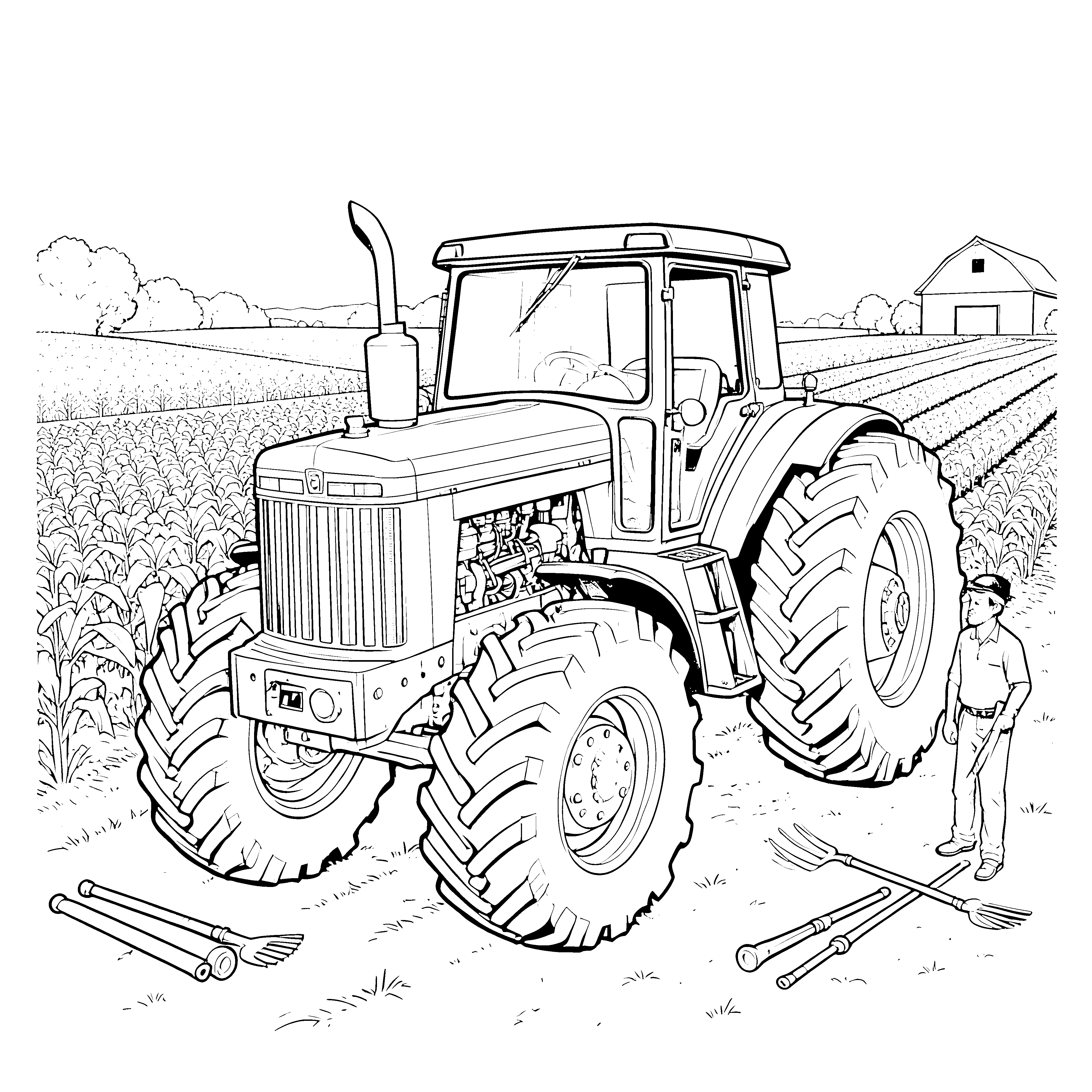 Riesiger Traktor mit Mistgabel Ausmalbild für mutige Bauernhofhelfer