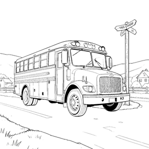 Rustikaler Schulbus mit Wegweiser Malvorlage für malfreudige Reisegäste