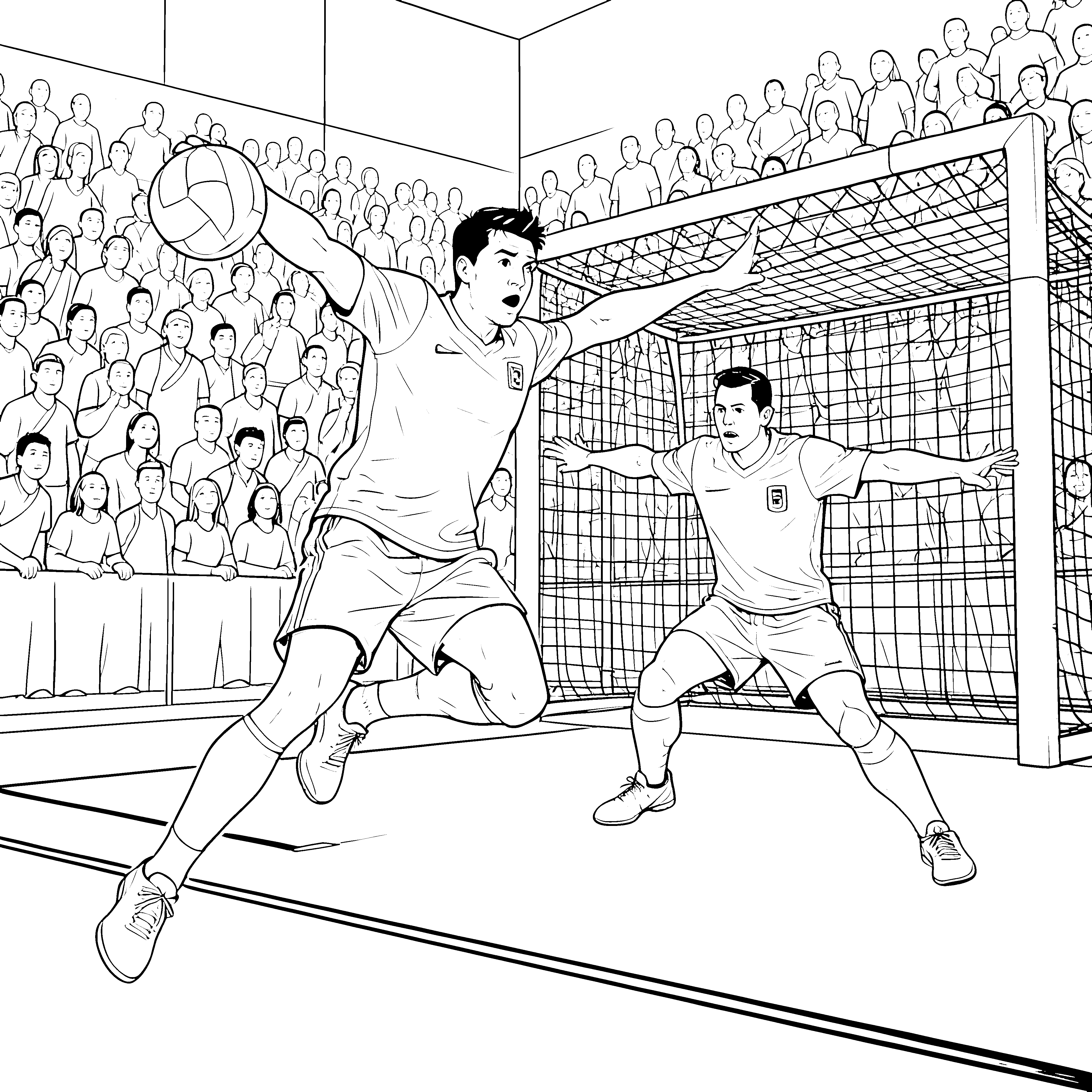Dynamischer Handballwurf vor dem Tor Bastelvorlage für mutige Hallensportler