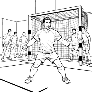 Wachsame Handballtorwart vor dem Netz Bastelvorlage für Hallensportfreunde