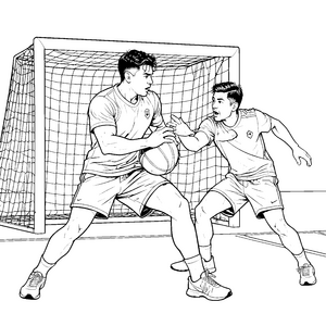 Spannender Handballkampf vor dem Tor Ausmalvorlage für kreative Ballsportler