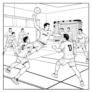 Actionreicher Handballwurf in der Halle Bastelvorlage für kleine Sportbegeisterte