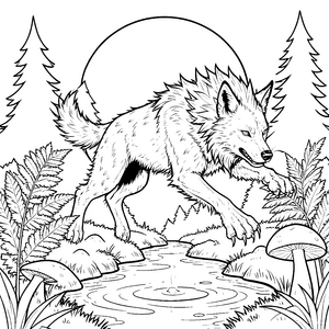 Mystischer Werwolf am Teich Ausmalbild für Naturfreunde