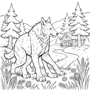 Imposanter Werwolf vor Blockhaus Malvorlage für Waldfreunde