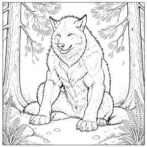 Majestätischer Werwolf zwischen Farnen Ausmalbild für junge Waldläufer