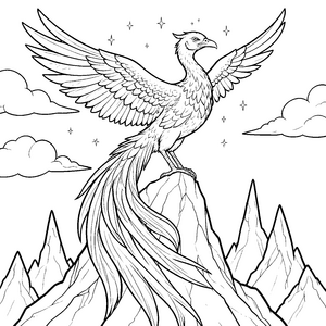 Majestätischer Phönix auf Felsspitze Ausmalvorlage für Bergfreunde