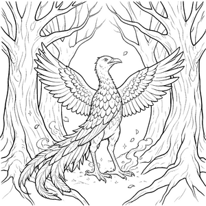 Majestätischer Phönix im Wald Ausmalbild für kleine Waldschützer