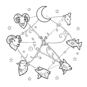 Mystische Sternzeichen mit Mond und Fischen Ausmalbild für Kosmosfreunde