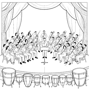 Faszinierendes Orchester mit Trommeln Malvorlage für kreative Konzertbesucher