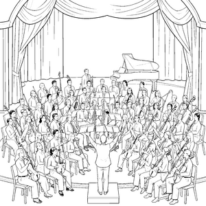 Prachtvolles Orchester mit Flügel Ausmalvorlage für kleine Musikfreunde