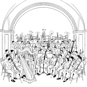 Wuchtiges Orchester mit Harfe Malvorlage für verträumte Konzertgänger