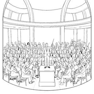 Beeindruckendes Orchester mit Dirigenten Ausmalbild für junge Musikträumer