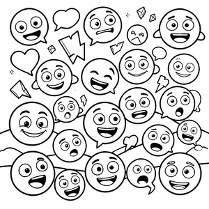Vielfältige Emojis mit Sprechblasen Malbild für kleine Smiley-Fans
