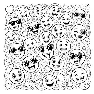 Fröhliche Emojis mit Sonnenbrillen Ausmalvorlage für neugierige Buchwürmer